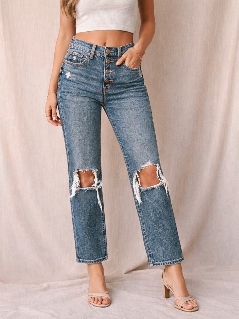 DAZE Denim High Rise Distressed Boyfriend Jeans Button Fly Cropped, Size 25